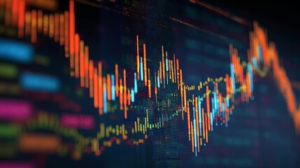 Dynamic stock market charts ablaze with vibrant colors, showcasing financial data trends and investment volatility in real-time