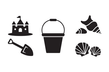 Beach vacation icons sandcastle bucket shovel and seashells