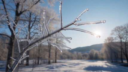 Icy tree branch after an ice storm glistening in the winter sun a beautiful natural phenomenon