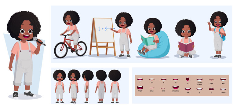 Cartoon Little Black Girl Character Creation with Gestures, Emotions and Actions. Child Front, side, Back View. Movable Body Parts for Animation and Lip-Sync Vector Illustration.