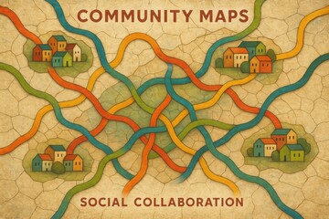 Illustration of Community Maps Highlighting Social Collaboration with Colorful Pathways and Houses