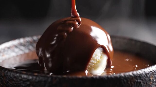 Hot fudge pours and cascades over a scoop of ice cream in a dark bowl.