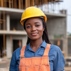 Female construction worker wearing hard hat at building site during daylight
