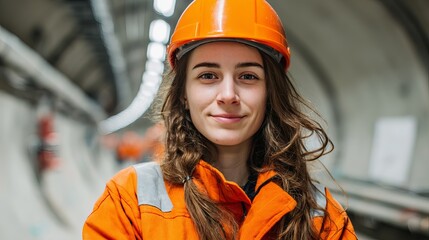 Confident female engineer smiles in bright orange protective gear within a modern construction tunnel site