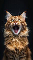 Maine Coon cat with open mouth against dark background
