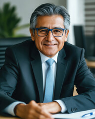 Professional middle-aged businessman smiling confidently at office desk