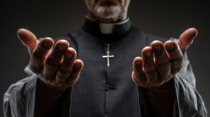 Male priest in black vestments with open hands expressing welcome or blessing