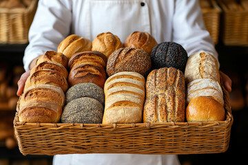 Artisan baker presenting fresh assorted breads in a traditional bakery setting
