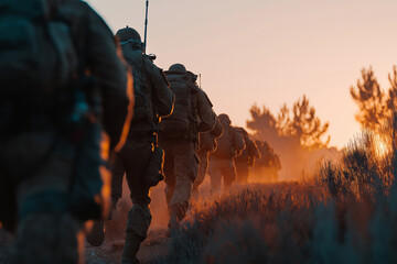 Soldiers in Military Gear Moving Through Dusty Terrain at Sunrise or Sunset