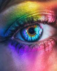 Vibrant close-up of an eye with rainbow makeup and vivid colors