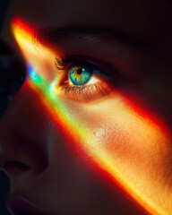 Close-up of a woman's eye with rainbow reflections highlighting her striking features