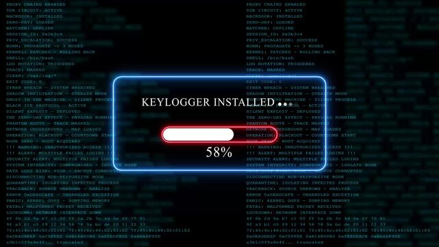 Yellow glowing progress bar shows 100% percent of keylogger installed on a background of computer code programming
