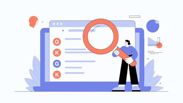 Person holding a large magnifying glass examining a digital screen with a list of items and abstract shapes suggesting data analysis and search