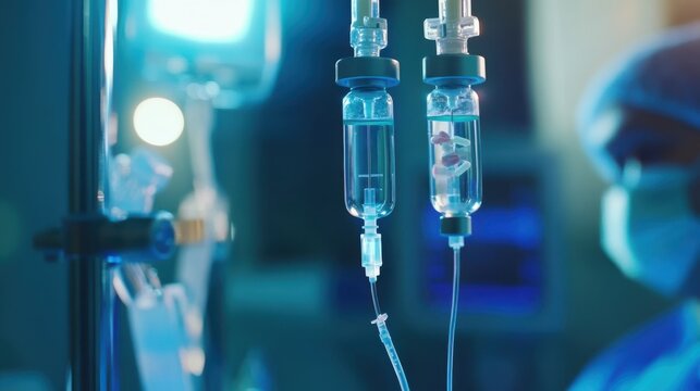 Close up view of medical intravenous bags with solution drops flowing through tubes in a sterile hospital setting for health care.