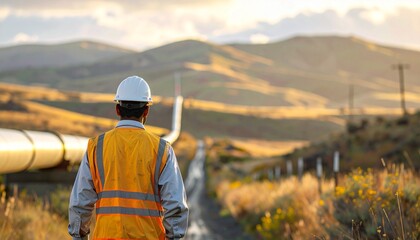Pipeline Inspector Walking Along Remote Right-of-Way