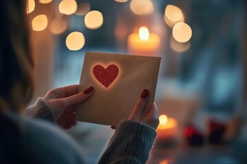 Close up of hands holding a brown envelope with a sparkling red heart, surrounded by warm bokeh lights and candles.