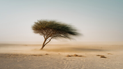 lone tree stands resilient in a vast desert as strong winds sweep across the barren landscape, creating a poetic scene of endurance, isolation, and the force of nature