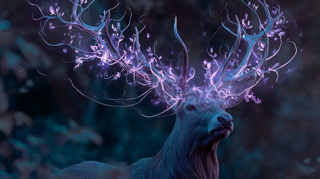 Mystical deer with glowing ethereal antlers adorned with delicate purple foliage and swirling light, evoking magic and wonder in a dark forest setting