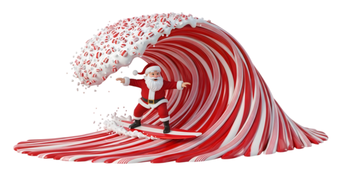 Santa claus surfing on a giant candy cane wave, isolated on transparent background - Powered by Adobe