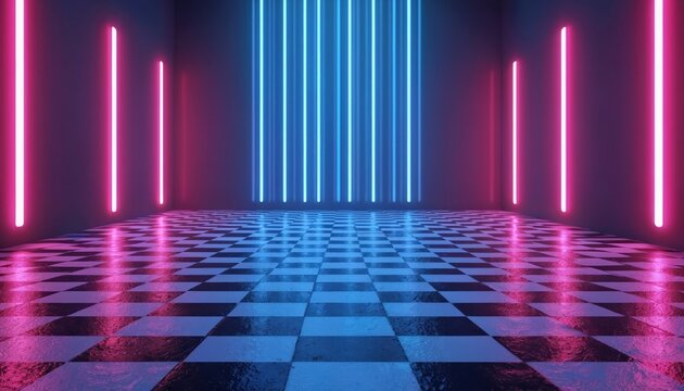 Futuristic empty room with checkered floor and neon lights. Vertical glowing tubes create ambiance for clubbing or performance. Dark walls reflect vibrant pink and blue hues. Modern design for events.