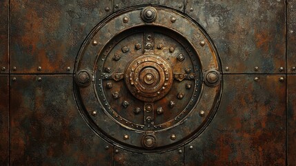 Detailed view of a vintage rusty vault door showcasing intricate metalwork and historical design elements