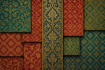 Elegant Vintage Textile Patterns in Rich Colors of Red, Green, and Gold