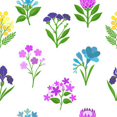 Blooming Meadow Boho Seamless Pattern. Ditsy Print. Wildflowers Vintage Background. Simple Different Small Flowers. Millefleurs Liberty Style Floral Design For Fabric, Paper, Surface Design.