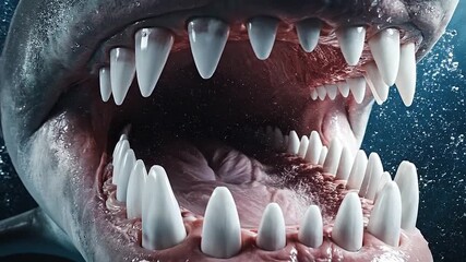 Inside a shark's mouth, rows of serrated teeth are terrifyingly clear.