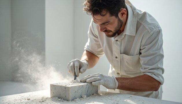 Man carves marble block with chisel in white studio. Artist wears gloves, dust flies. Skilled artisan crafts sculpture with precise movements, focused on creative work.