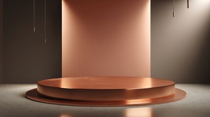 Elegant copper podium bathed in dramatic studio spotlight, perfect for product launches, awards, and luxury brand presentations.