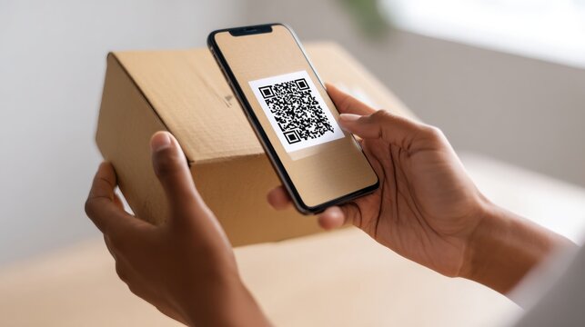 Hands scan a QR code on a shipping box with smartphone in bright light emphasizing modern e-commerce practices