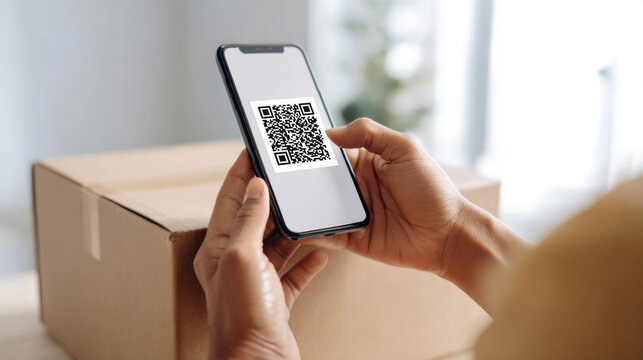 Hands scan a QR code on a shipping box with a smartphone in a modern e-commerce setting - Powered by Adobe