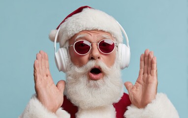 Santa Claus enjoys music, wearing headphones and sunglasses, with a surprised expression isolated on a light blue background