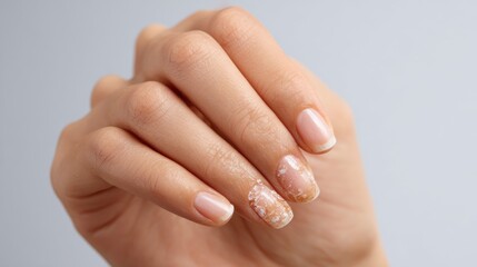 Visible damage from gel manicure removal on a hand with brittle nails and peeled spots, captured in soft studio lighting on a light grey background