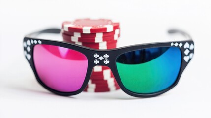 Colorful sunglasses with poker chips arranged in a stack for a fun casino themed game night event