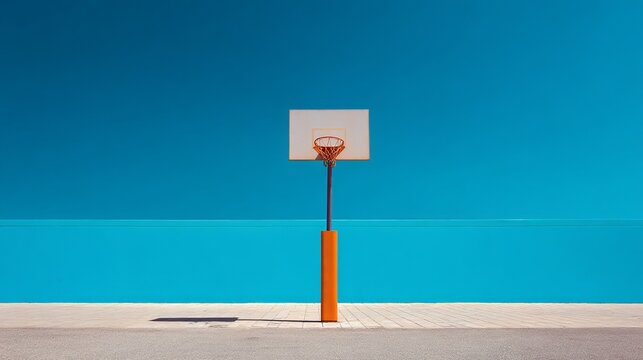 Vibrant urban basketball hoop stands against a striking azure wall, offering a minimalist backdrop for sports or lifestyle concepts.