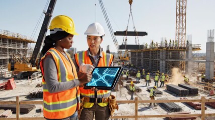 Two engineers share ideas and consult a digital plan on a tablet. In the background, workers build structures under the sunny sky, creating an active construction environment. - Powered by Adobe