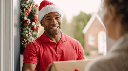 Smiling delivery driver in Santa hat hands package to customer at Christmas-decorated home