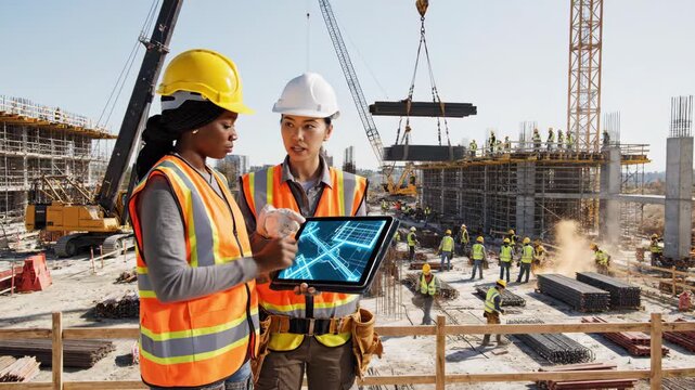 Two engineers share ideas and consult a digital plan on a tablet. In the background, workers build structures under the sunny sky, creating an active construction environment. - Powered by Adobe