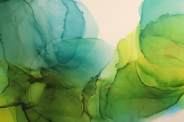 Glow smoke texture alcohol ink, watercolor wave flow painting blot. Abstract green, gold, blue stain art background. © Liliia