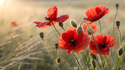 A cluster of vibrant red poppy flowers in full bloom, their delicate, crinkled petals unfurling like silk against a soft-focus backdrop of sunlit meadow grasses