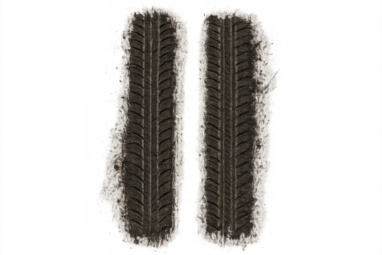 Tire tracks on muddy snow showing winter off-road vehicle movement, transparent background for easy integration