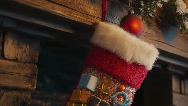 A vibrant Christmas stocking filled with colorful gifts hangs from a rustic wooden mantel above a cozy fireplace. The Christmas stocking and fireplace create a festive and warm hol