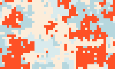 Abstract pixel art background.  Orange and blue digital camouflage pattern. Ideal for tech, gaming, or modern design projects.  Versatile image evoking energy, technology, and innovation.