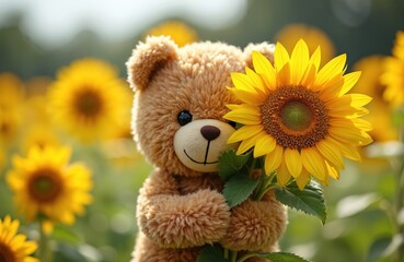 Fluffy teddy bear holds bright yellow sunflower bunch in sunny field. Cute plush toy among summer blossoms, happy mood, warm light. Childlike joy, nature beauty, outdoor.
