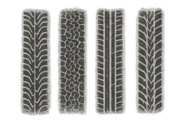 Car tire tracks various patterns on fresh snow showing winter road vehicles driving conditions