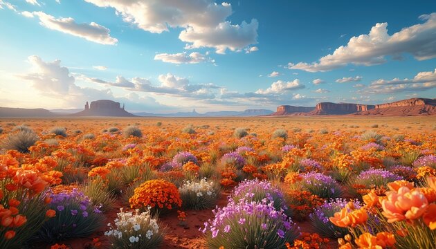 Vast desert landscape with vibrant orange, purple wildflowers blooming. Large red rock formations stand under bright blue sky with white clouds. Scenic arid environment shows nature beauty. Spring - Powered by Adobe