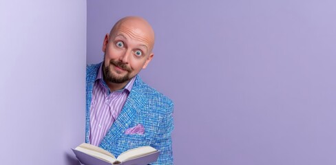 A middle-aged Caucasian man with a bald head and beard, wearing a blue patterned suit, smiles while holding an open book against a purple wall.