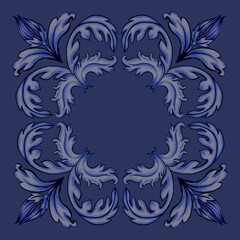 Blue and white acanthus leaf wreath forming a square frame on a dark navy background. Hand-drawn baroque border for textile, tile, luxury invitations or sophisticated decor.