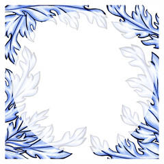 Hand-drawn blue and white acanthus leaf borders creating corner ornaments on white. Square elegant  frame  for certificates or invitations.